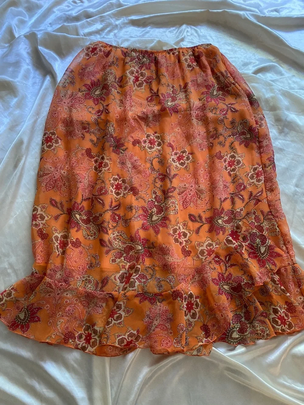 Vintage y2k Orange Floral Paisley Ruffle Midi Skirt Boho Fairy Size 16W
